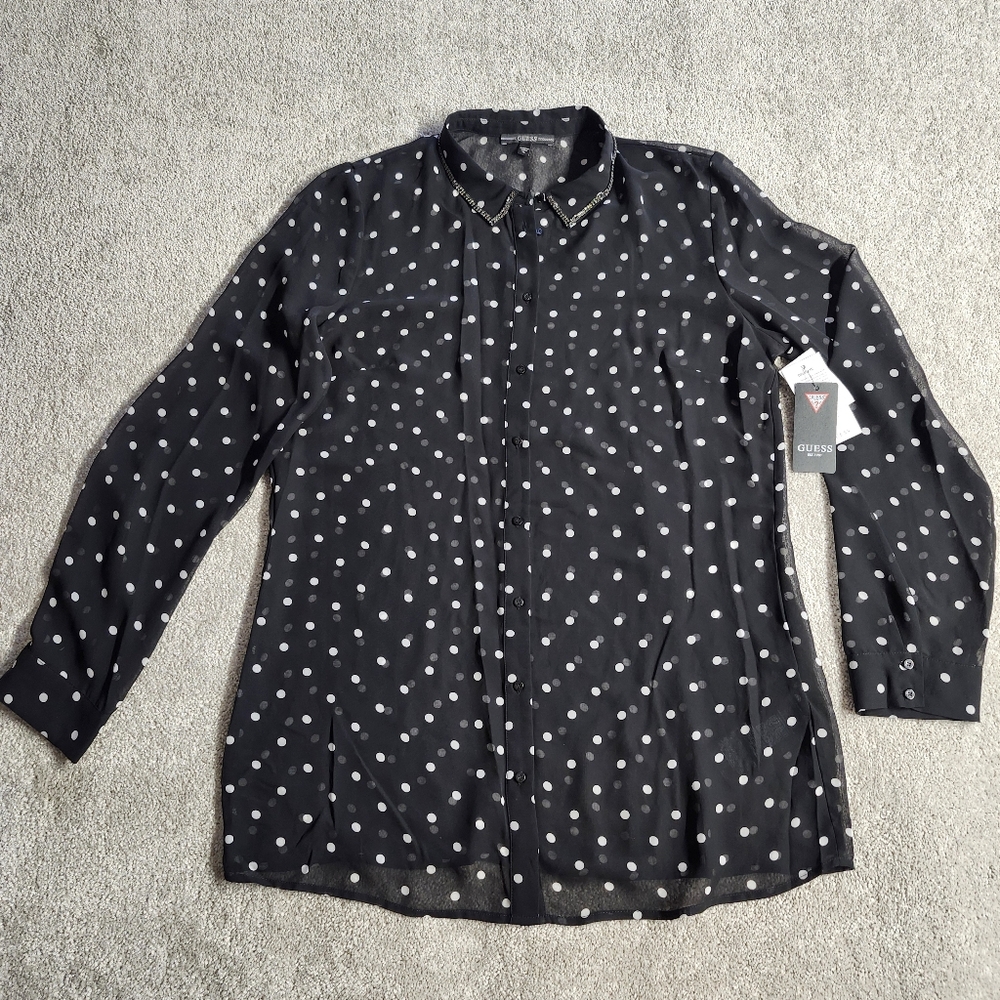 GUESS Women's Blouse XL Polka Dot Black White